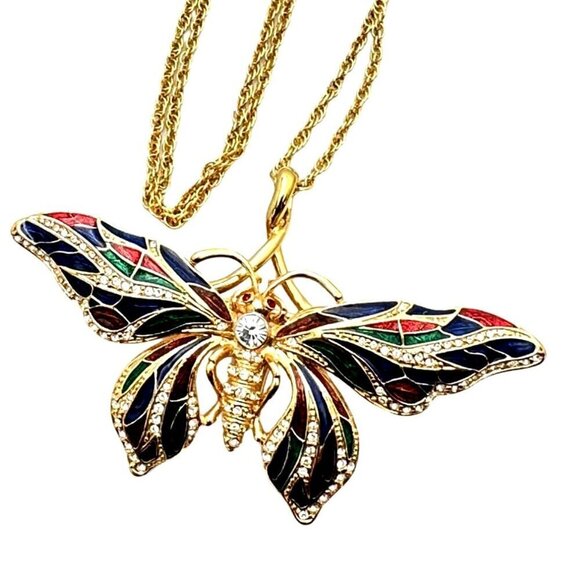 Camrose Kross Necklace Jackie Kennedy JBK Gold Enamel Butterfly Pin Pendant - Picture 1 of 6